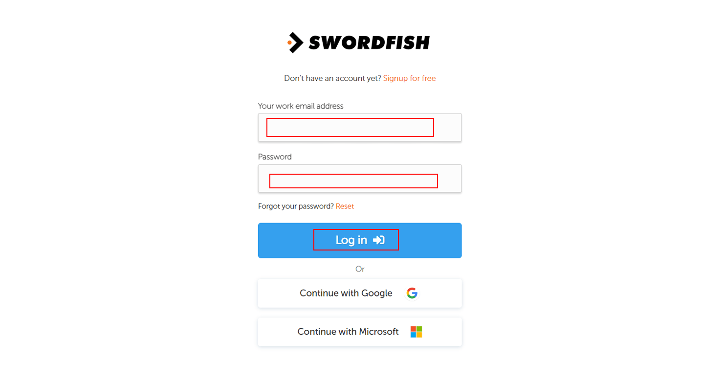 Log in to your Swordfish account