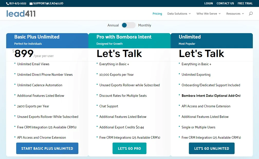 Pricing of Lead411, one of the best sales intelligence tools for web-based access and detailed lead insights