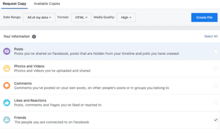 Facebook Posts, Photos and Videos, Comments, Followers and Friends Options