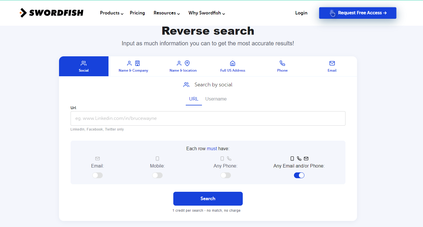 Swordfish Reverse Search section.