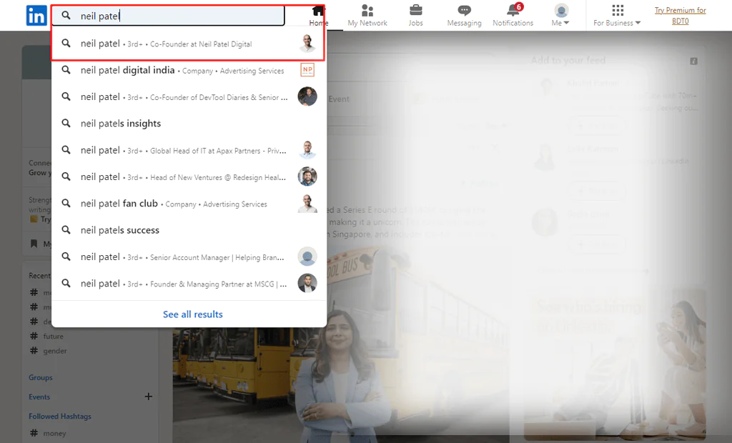 Searching for an email on LinkedIn