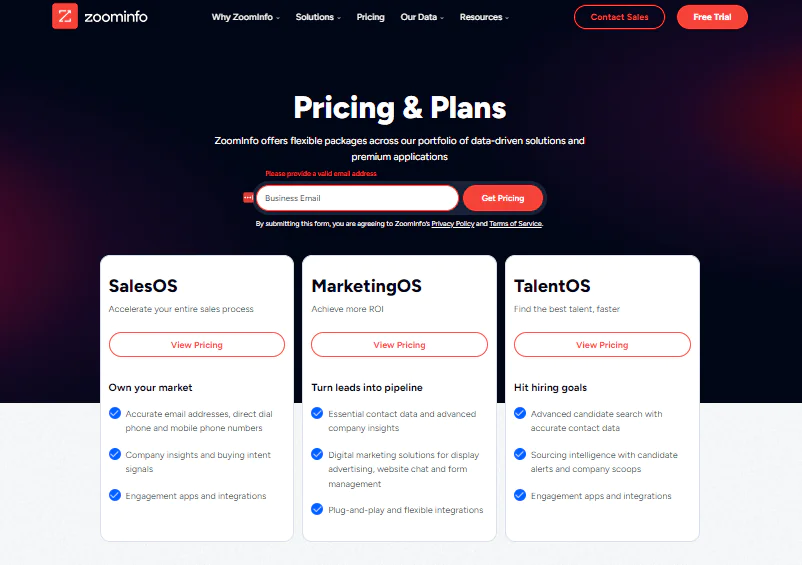 Pricing of ZoomInfo software, a best sales intelligence tool for analyzing tech stacks and prospect behavior"