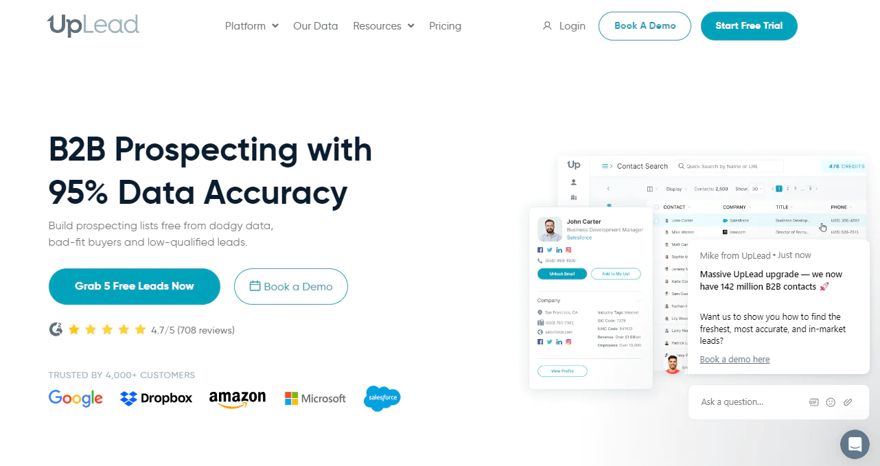 UpLead app, one of the best sales intelligence tools for reliable emails and smart searches