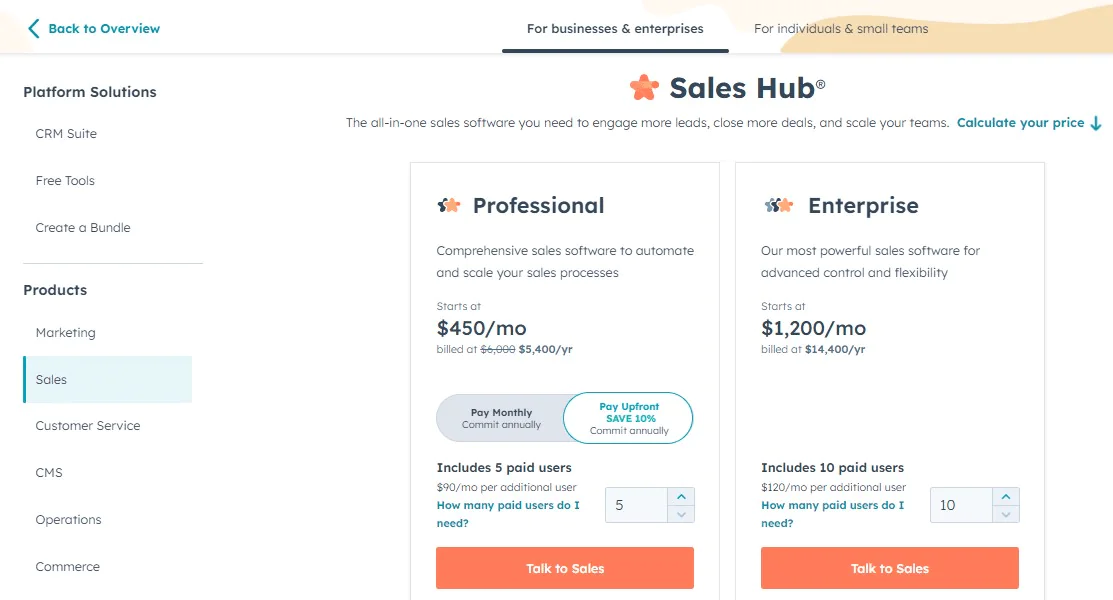 Pricing of HubSpot Sales Hub, for sales automation and deal management