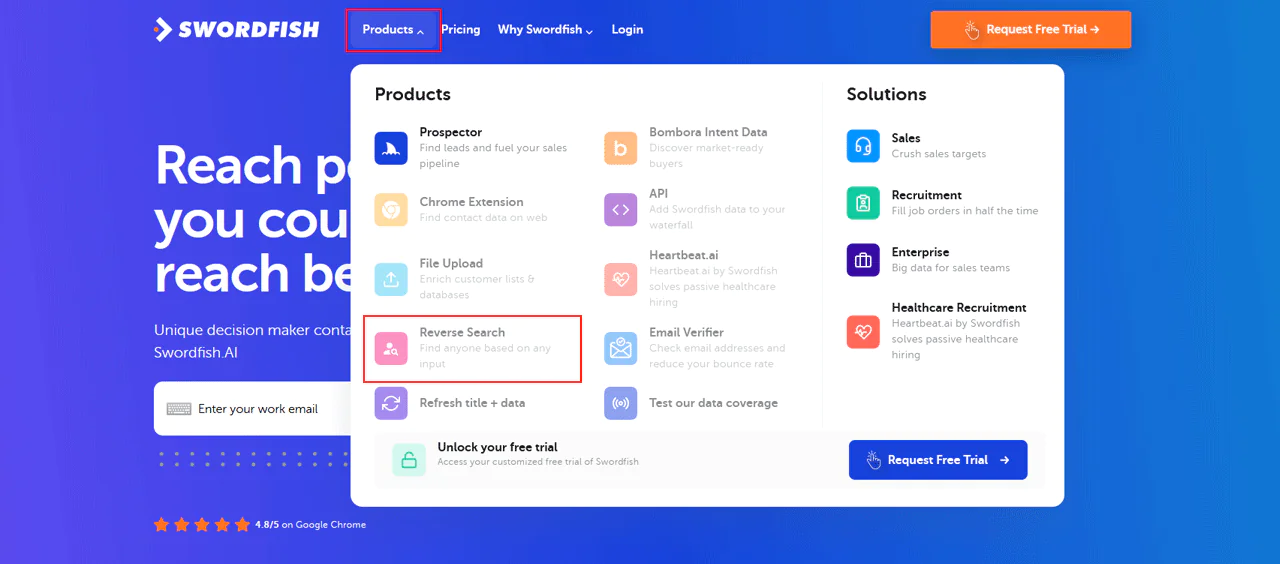 Swordfish AI Reverse Search webpage